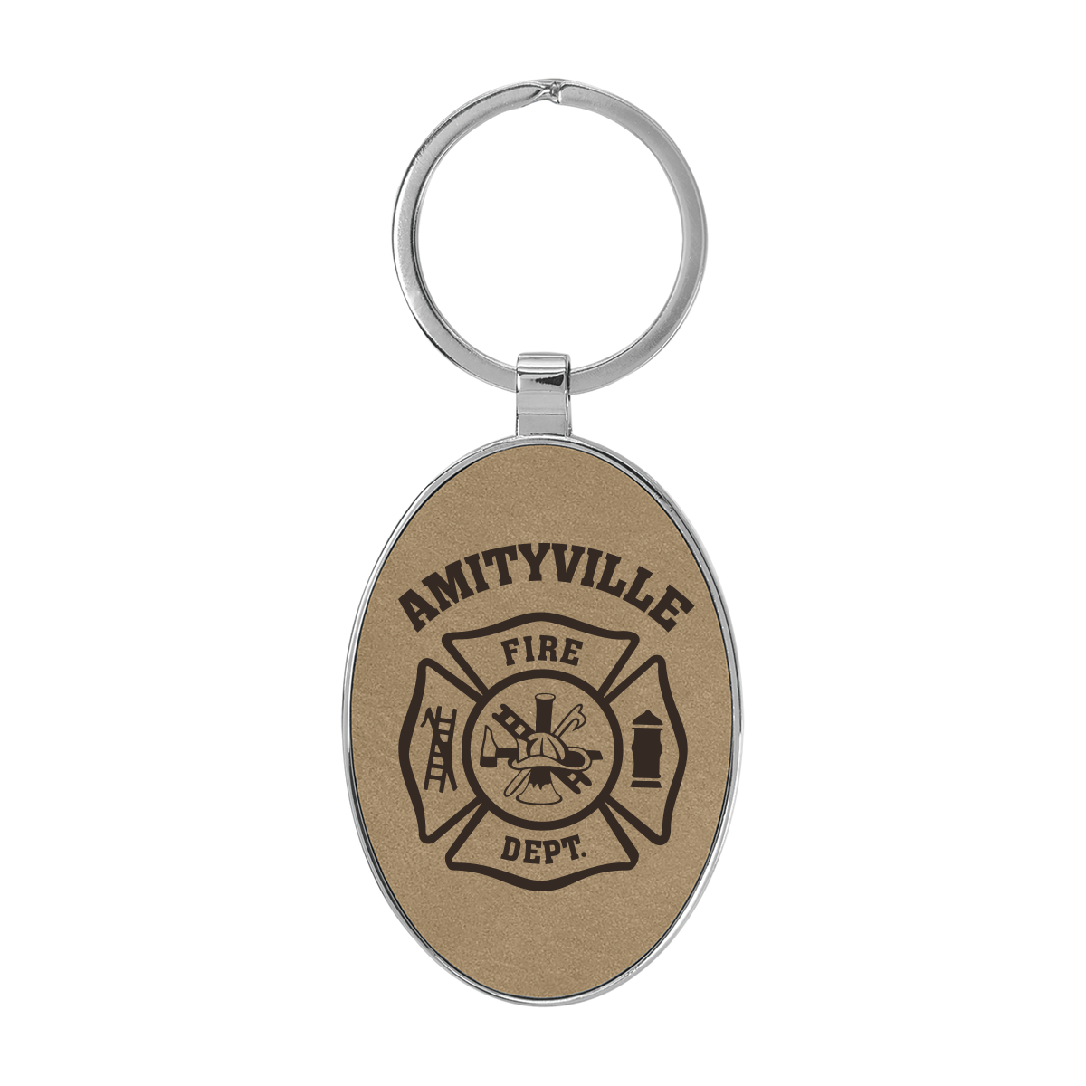 Firefighter Laserable Leatherette/Metal Oval Keychain